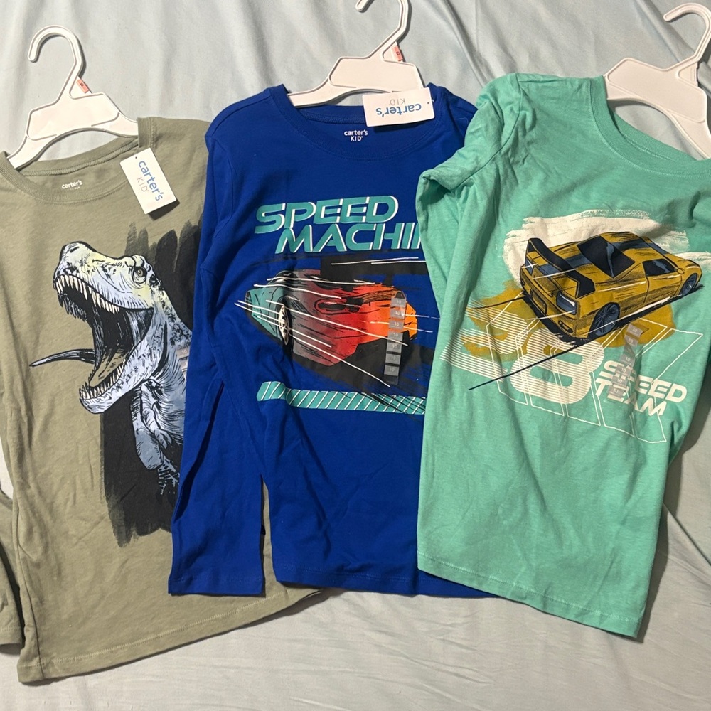 Carter's Kids Dino and Car Long Sleeve Tees - Green, Blue, Teal